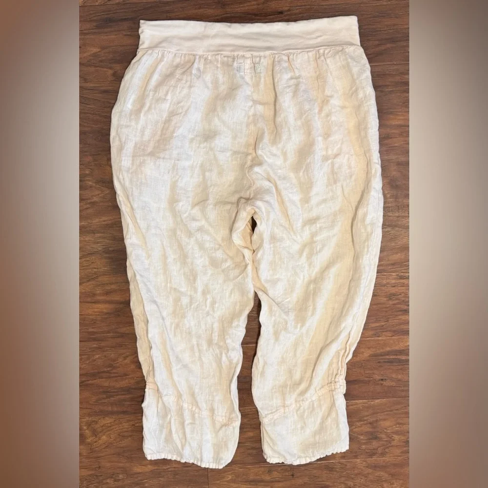 Flax Pull On Linen Pants Cropped Split Hem Drawstring Waist Lagenlook Cream Sml - Picture 2 of 10